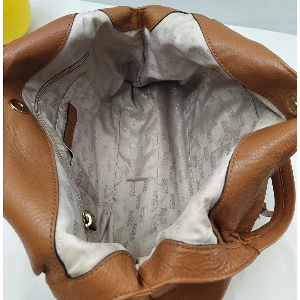 Michael Kors Fulton Brown Pebbled Leather Buckle Pocket Zipper Hobo Shoulder Bag